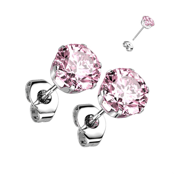 Pair of Pink 316L Surgical Steel Stud Earrings with Round CZ