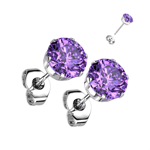 Pair of Purple 316L Surgical Steel Stud Earrings with Round CZ