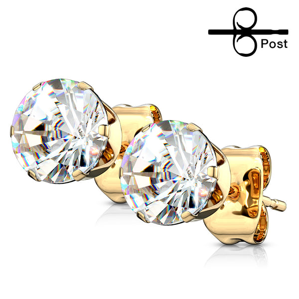 Pair of Gold IP 316L Surgical Steel Round CZ Stud Earrings in Assorted Gem Sizes