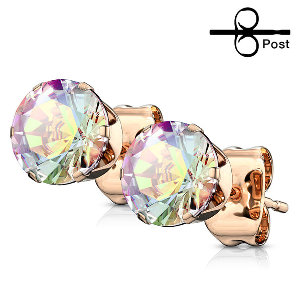 Rose Gold Plated Stainless Steel AB CZ Round Earring Studs in Assorted Gem Sizes