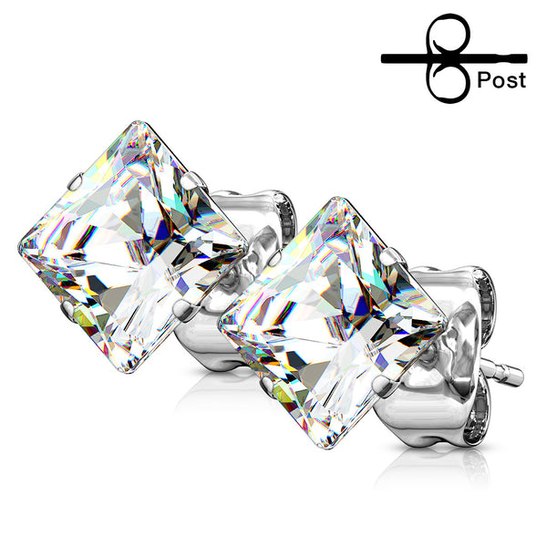 Pair of 316L Surgical Steel Stud Earrings with Clear Square CZ