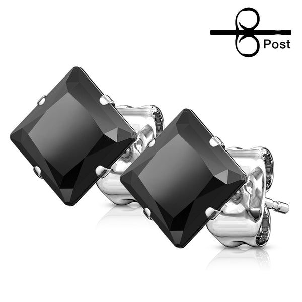 Pair of 316L Surgical Steel Stud Earrings with Black Square CZ