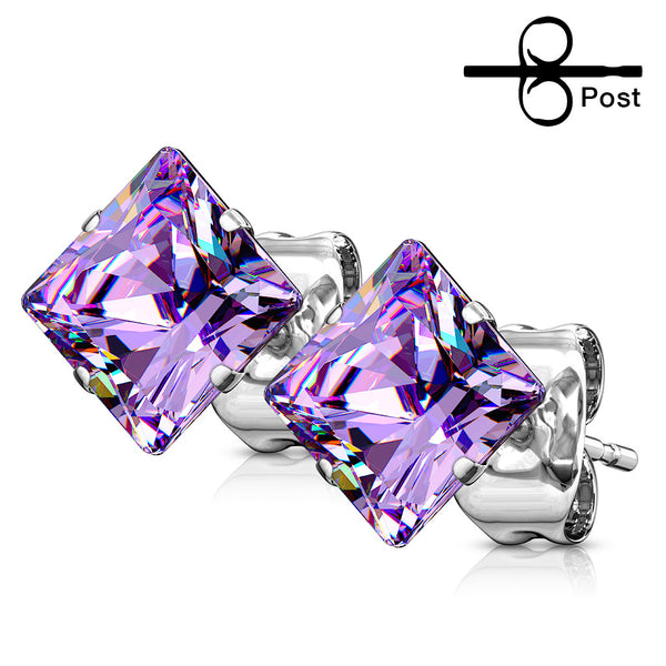 Pair of 316L Surgical Steel Stud Earrings with Purple Square CZ