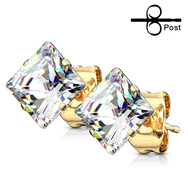 Pair of Gold Plated 316L Surgical Steel Stud earring with Clear Square CZ