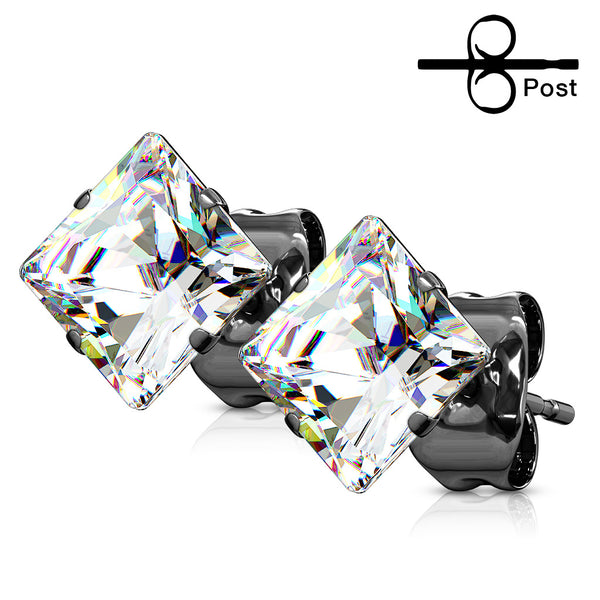 Pair of 316L Black IP Plated Surgical Steel Stud Earrings with Clear Square CZ
