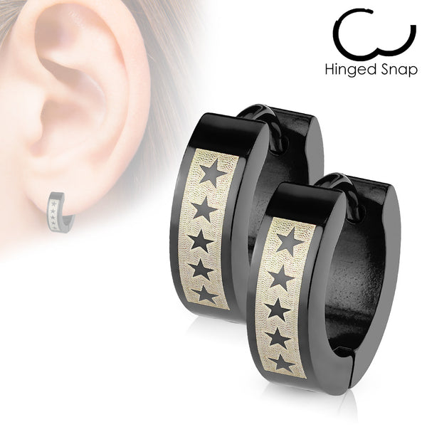 Pair of 316L Stainless Steel Black Hinged Hoop Earring with 5 Star Print