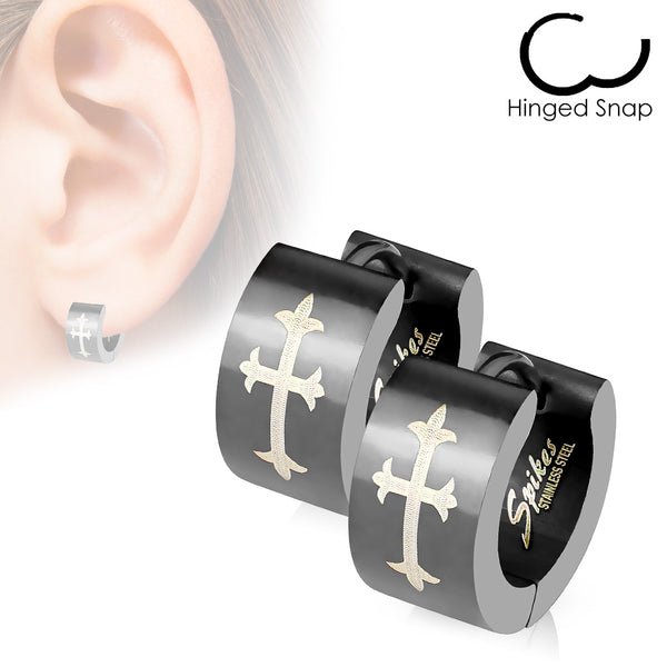 Pair of 316L Surgical Steel Black Hinged Wide Hoop earring with Gothic Medieval Cross