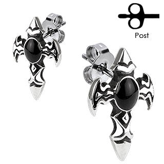 316L Surgical Steel Winged Cross with Onyx Stone Stud Earrings
