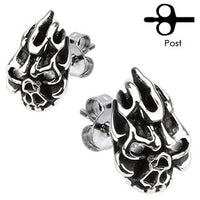 Pair of Surgical Steel Flaming Demon Skull Stud Earrings with CZ Eyes