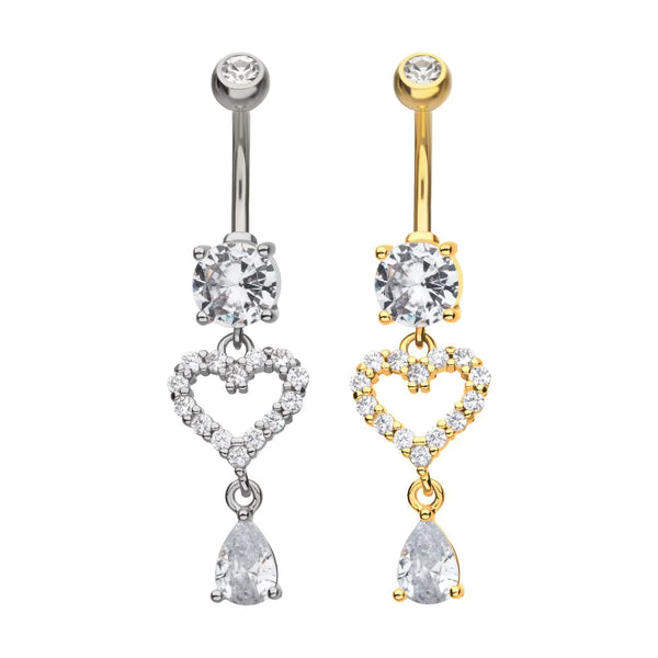 Hollow Heart with Gem Dangle Navel Belly Button Ring with Teardrop Gem
