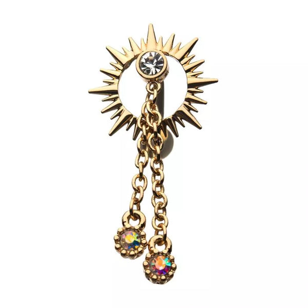 Gold PVD Sun with Gems and Dangling Chains Top-Down Reverse Dangle Navel Ring