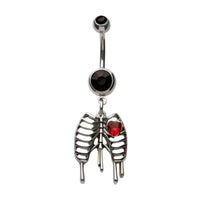 Double Round Bezel Black CZ with Dripping Ribcage & Heart Red CZ Dangle Navel Belly Button Ring 316L Surgical Steel