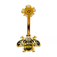 Gold PVD Enamel Flower Top with CZ Gems Bee Fixed Navel Ring