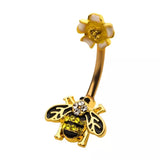 Gold PVD Enamel Flower Top with CZ Gems Bee Fixed Navel Ring