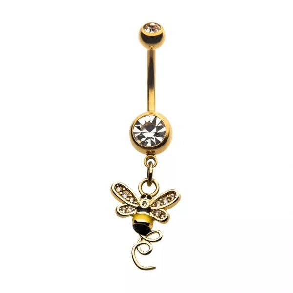 Gold PVD Plated with Clear CZ Bee with Tail Dangle Navel Ring