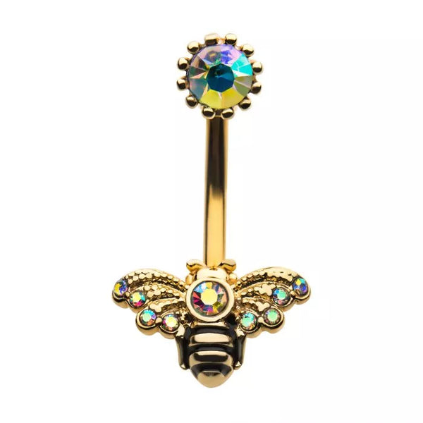 Gold PVD and AB Top Gem Bee Fixed Navel Ring