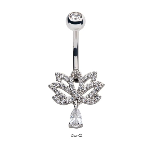 Externally Threaded Multi Clear CZ Lotus with Dangle Teardrop CZ Navel Belly Button Ring 316L Surgical Steel