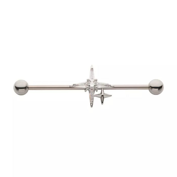 2-Pointed Cross with CZ Star 14 Gauge Industrial Barbell