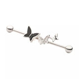 Triple Butterfly with Clear CZ and Black Enamel Industrial Barbell