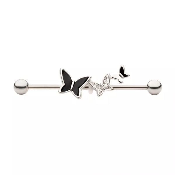 Triple Butterfly with Clear CZ and Black Enamel Industrial Barbell