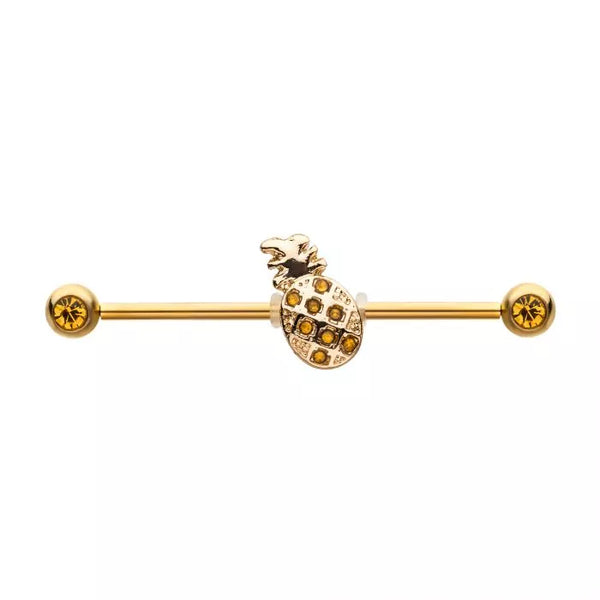 Gold PVD Pineapple with Topaz Colored Crystals 14 Gauge Industrial Barbell