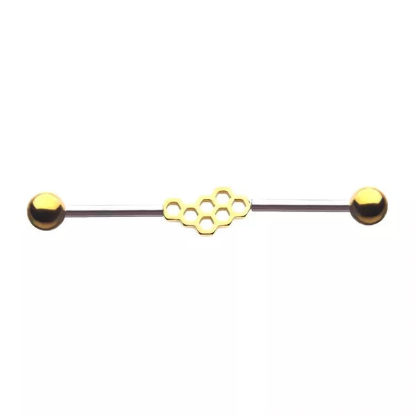 Gold PVD Beehive Honeycomb 14 Gauge Industrial Barbell
