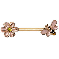 Gold Plated Bee and Flower Pink Enamel Nipple Barbell Pair