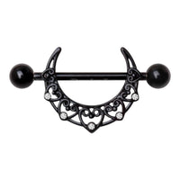 Black PVD Plated Crescent Moon Heart Filigree Shield Nipple Ring Barbells Pair 316L Surgical Steel