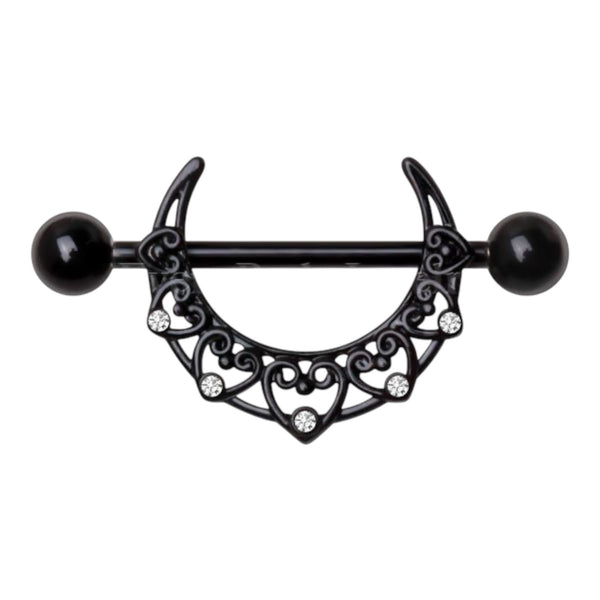 Black PVD Plated Crescent Moon Heart Filigree Shield Nipple Ring Barbells Pair 316L Surgical Steel