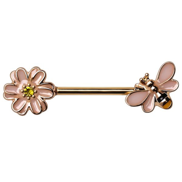 Gold Plated Bee and Flower Pink Enamel Nipple Barbell Pair