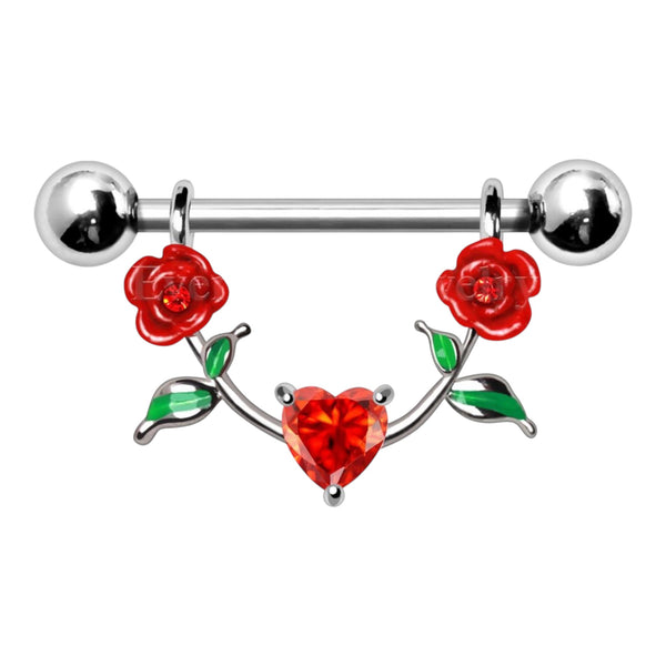 Red Rose with Heart Gem Surgical Steel Hanging Nipple Barbell Shield Pair 316L Surgical Steel