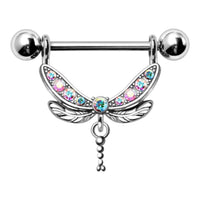 AB Multi Pave Gem Dragonfly Dangle Nipple Ring Barbell 316L Surgical Steel