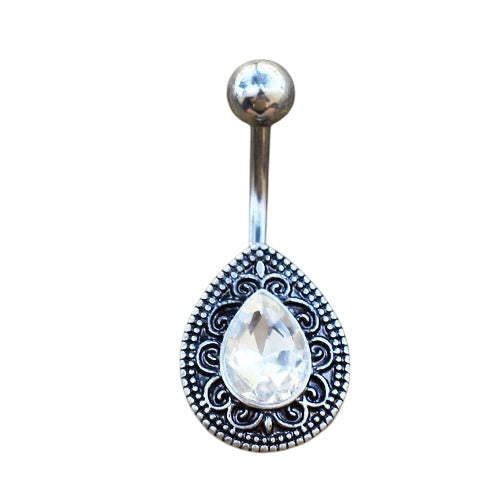 316L Surgical Steel Ornate Teardrop CZ Gem Non-Dangle Belly Button Navel Ring 14 Gauge