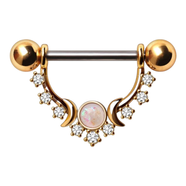 Gold Plated Multi-Gem Moon Phase Synthetic Opal Nipple Barbell Rings Pair 316L Surgical Steel