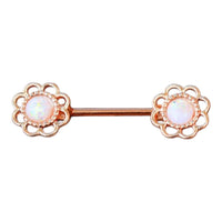 Rose Gold Plated Synthetic Opal Flower Nipple Barbell Ring Pair 316L Surgical Steel