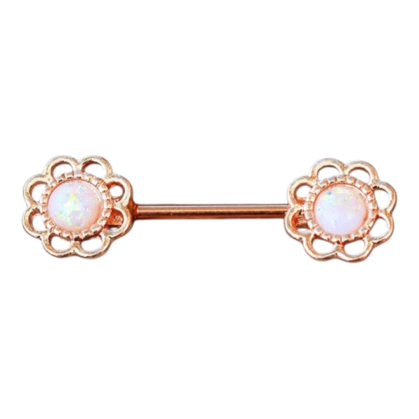 Rose Gold Plated Synthetic Opal Flower Nipple Barbell Ring Pair 316L Surgical Steel