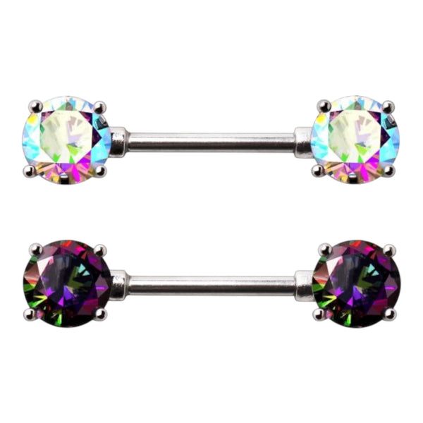 316L Surgical Steel Iridescent CZ Gem Nipple Barbell Rings Pair