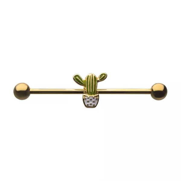 14 Gauge Gold PVD Cactus Industrial Barbell