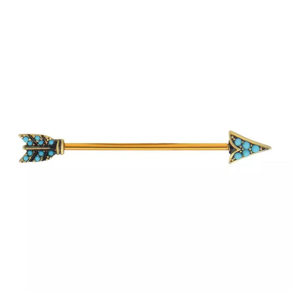 Gold PVD with Turquoise Gem Antiqued Arrowhead 14 Gauge Industrial Barbell