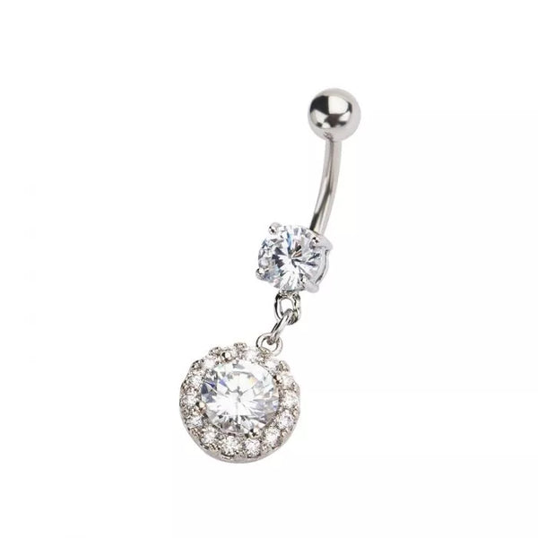 CZ Gem Dangle Navel Ring with Circle and Round Gems