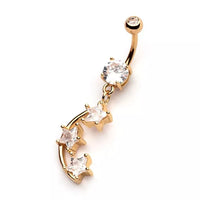 Gold PVD Triple Star CZ Gem Dangle Navel Ring