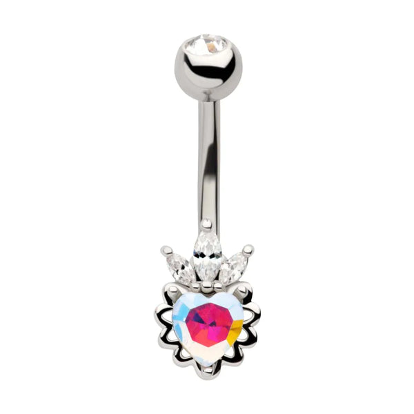 Aurora Borealis CZ Heart with Clear Trinity Marquise CZ Non-Dangle Navel Belly Button Ring 316L Surgical Steel