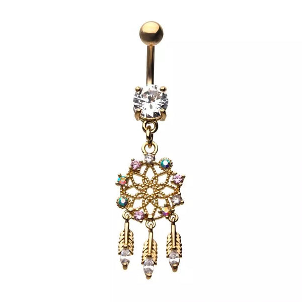 Gold PVD AB  CZ Gem Mandala Dream Catcher with Feather Dangles Navel Ring