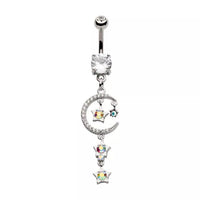 Clear and AB CZ Gem Star and Crescent Moon Dangle Navel Ring