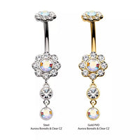 Internally Threaded AB and Clear CZ Flower Dangle Navel Ring