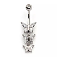 Clear CZ Triple Butterfly Dangle Navel Ring