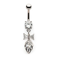 Multi Gem Clear CZ Cut Out Leaf with Bowtie Dangle Navel Belly Button Ring 316L Surgical Steel