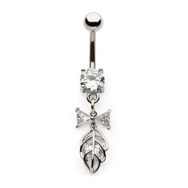 Multi Gem Clear CZ Cut Out Leaf with Bowtie Dangle Navel Belly Button Ring 316L Surgical Steel
