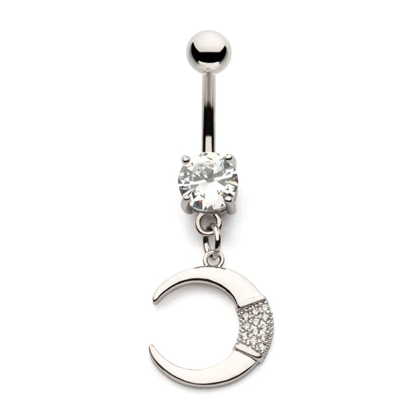 Pave Set Multi Clear CZ Crescent Moon Dangle Navel Belly Button Ring