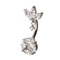 Prong Set Triple Marquise Fan with Dangle Round Gem Non-Dangle Navel Belly Button Ring 316L Surgical Steel